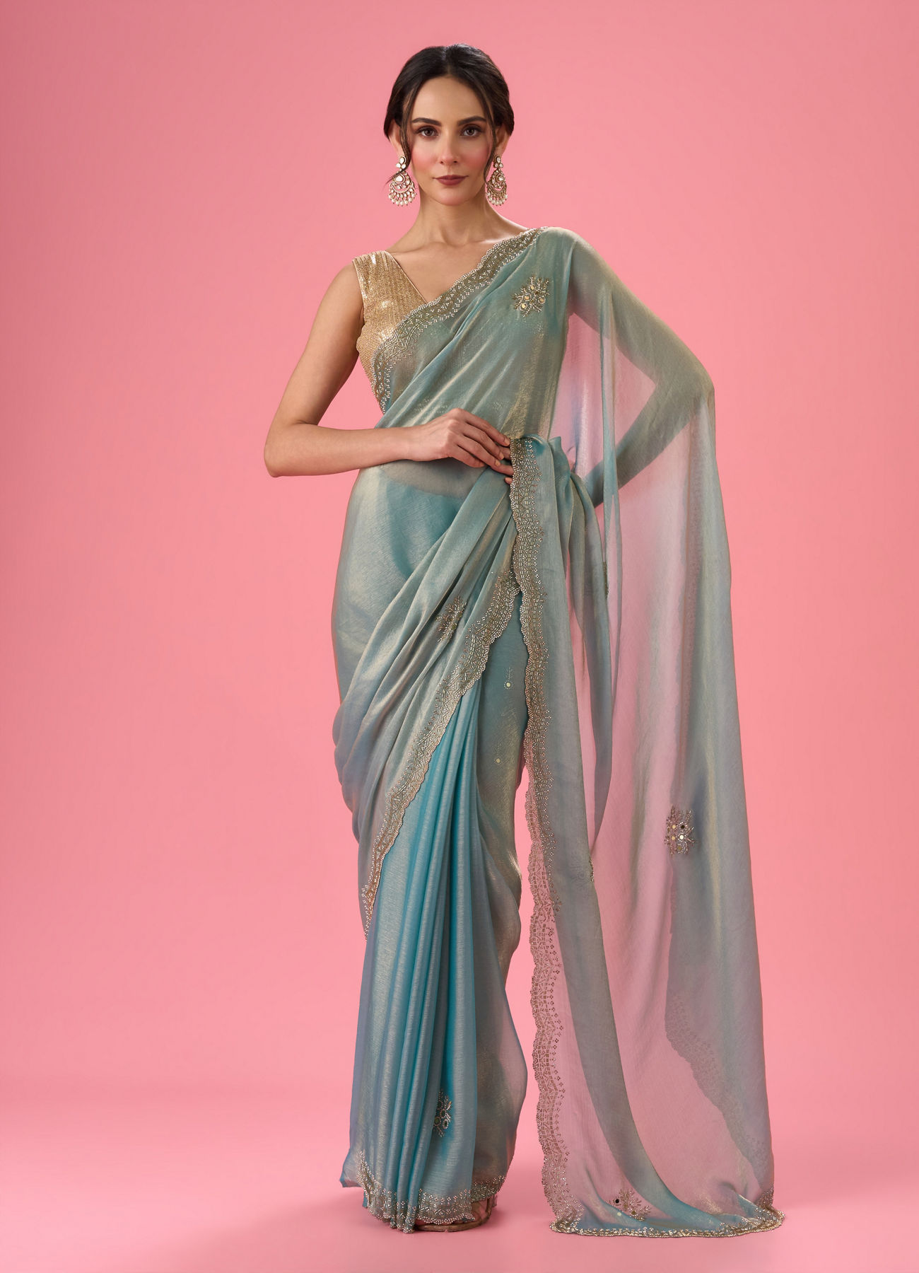 Mohey Women Light Blue Festive Organza Saree