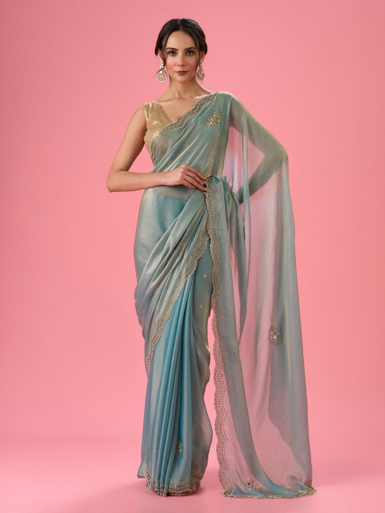Mohey Women Light Blue Festive Organza Saree