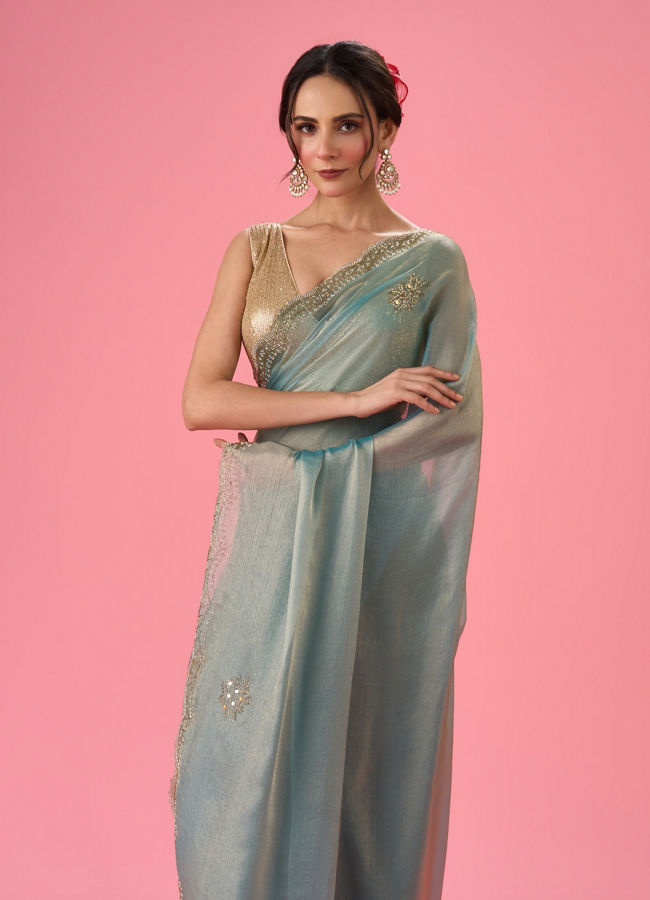 Mohey Women Light Blue Festive Organza Saree