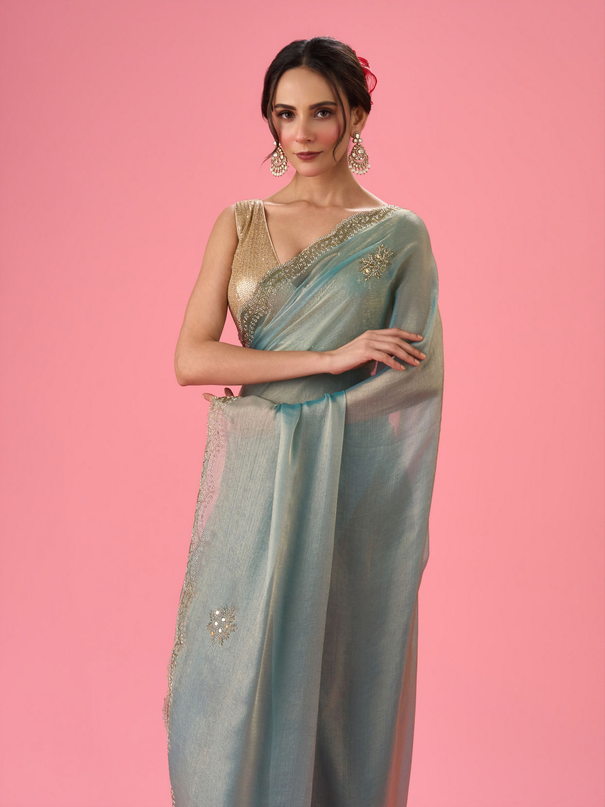 Mohey Women Light Blue Festive Organza Saree