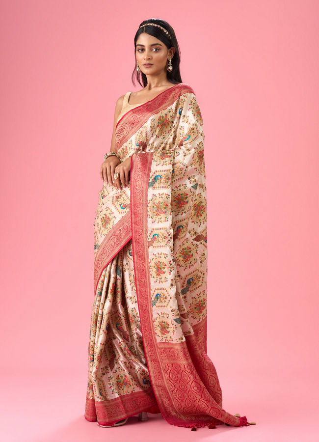 Mohey Women Dazzling Cream Banarasi Saree Ensemble