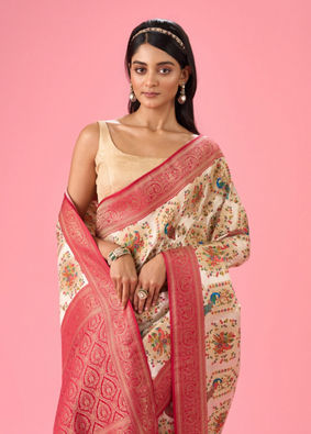 Mohey Women Dazzling Cream Banarasi Saree Ensemble