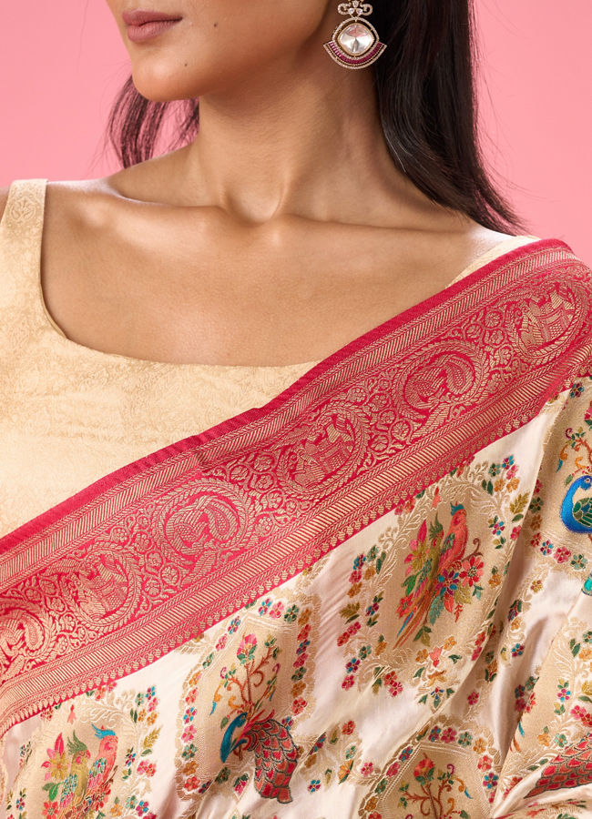 Mohey Women Dazzling Cream Banarasi Saree Ensemble