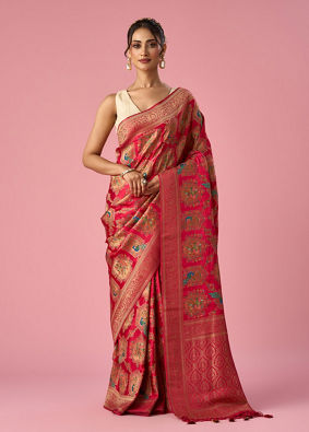 Mohey Women Pink Silk Banarasi Saree with Weave Design