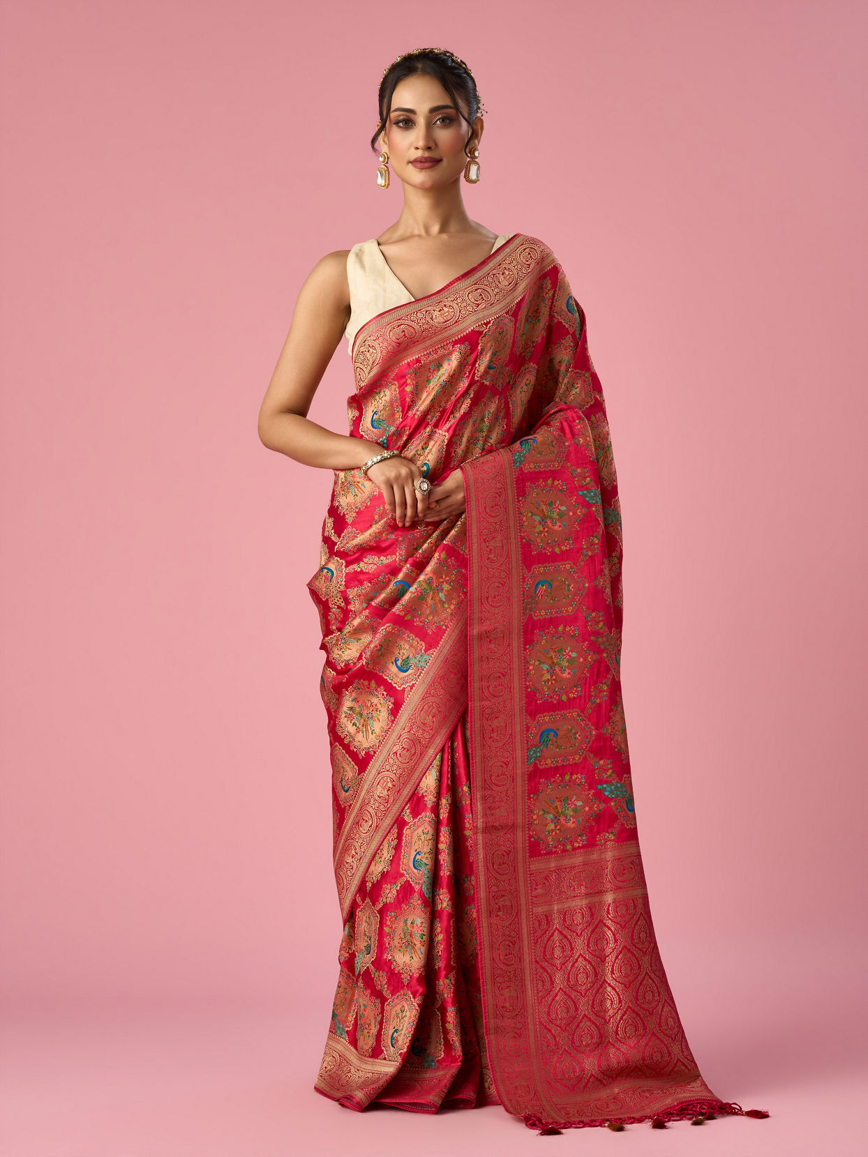Mohey Women Pink Silk Banarasi Saree with Weave Design