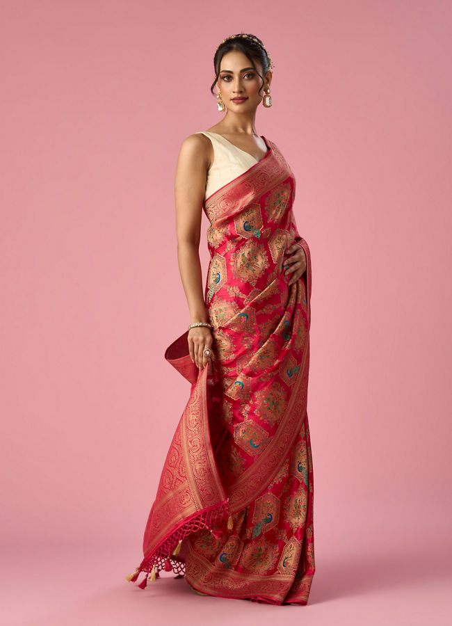 Mohey Women Pink Silk Banarasi Saree with Weave Design