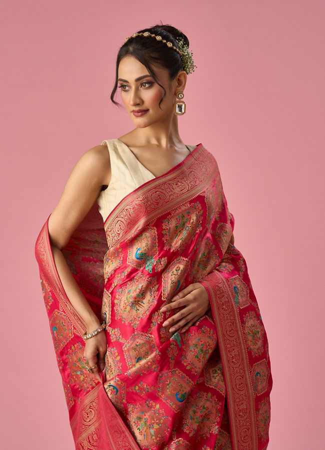 Mohey Women Pink Silk Banarasi Saree with Weave Design