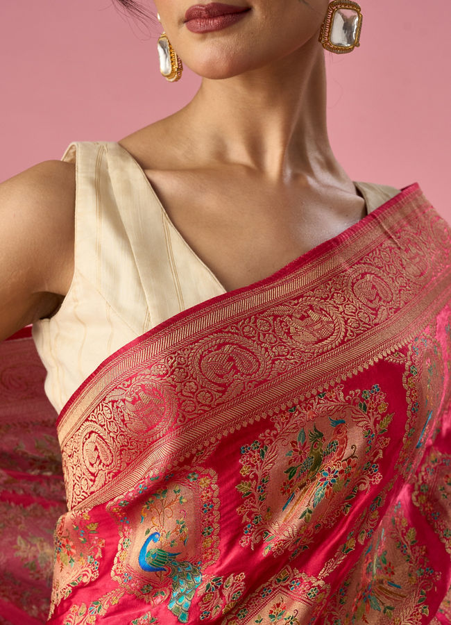 Mohey Women Pink Silk Banarasi Saree with Weave Design