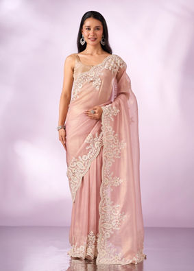 Mohey Women Light Pink Organza Saree with Embroidery