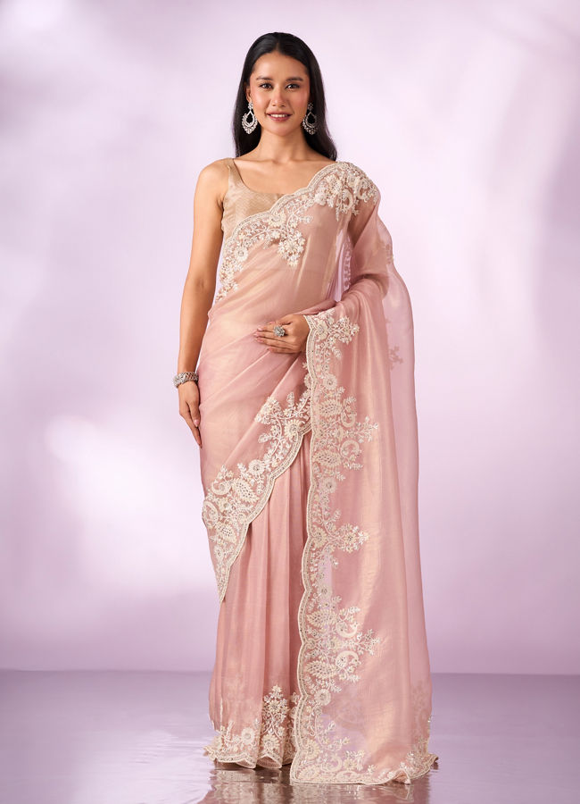 Mohey Women Light Pink Organza Saree with Embroidery