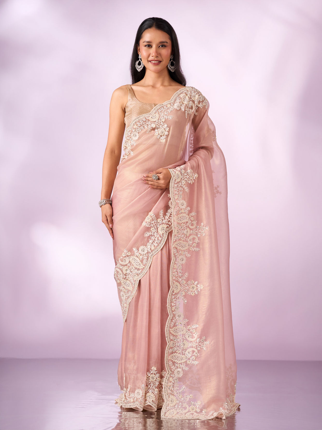 Mohey Women Light Pink Organza Saree with Embroidery