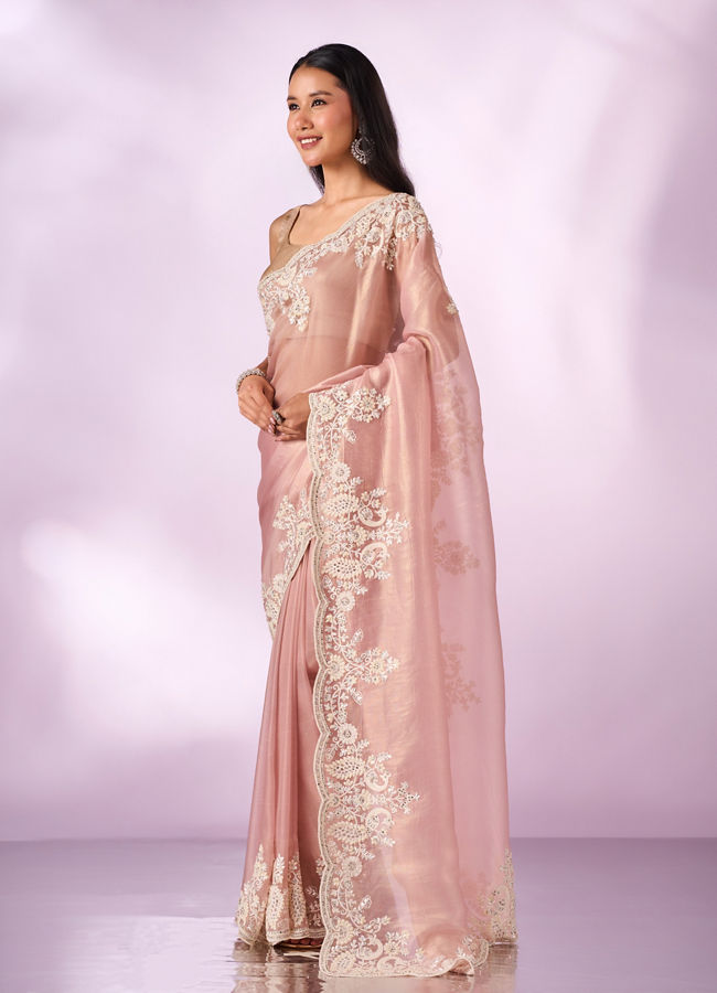 Mohey Women Light Pink Organza Saree with Embroidery