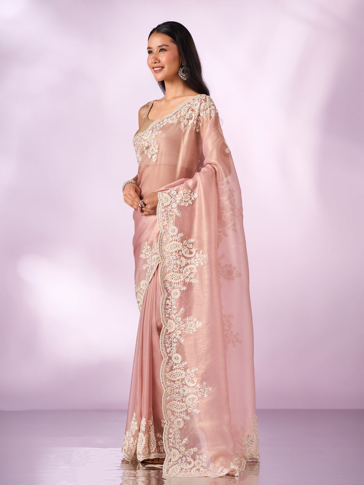 Mohey Women Light Pink Organza Saree with Embroidery