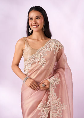 Mohey Women Light Pink Organza Saree with Embroidery