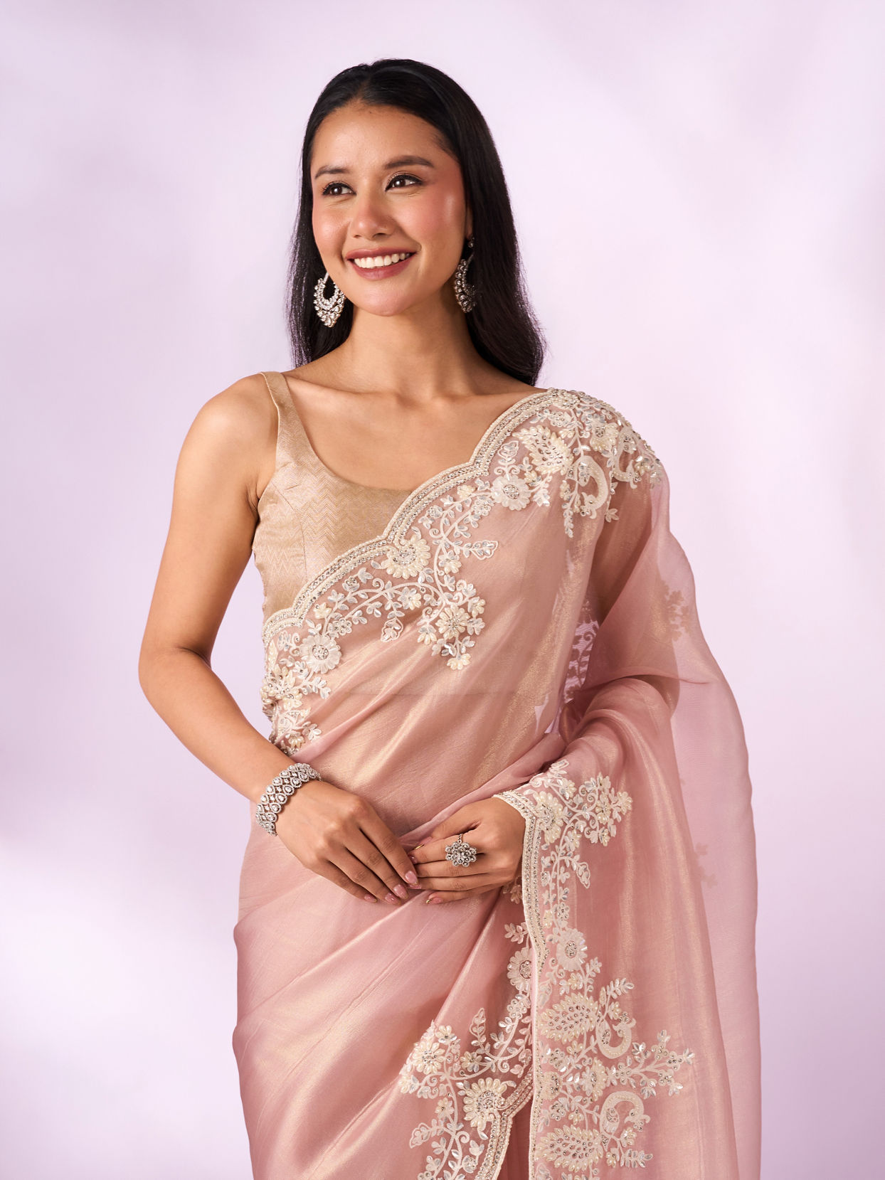 Mohey Women Light Pink Organza Saree with Embroidery