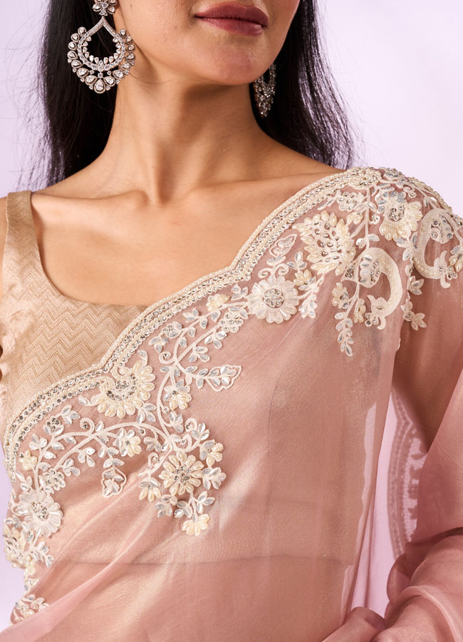 Mohey Women Light Pink Organza Saree with Embroidery