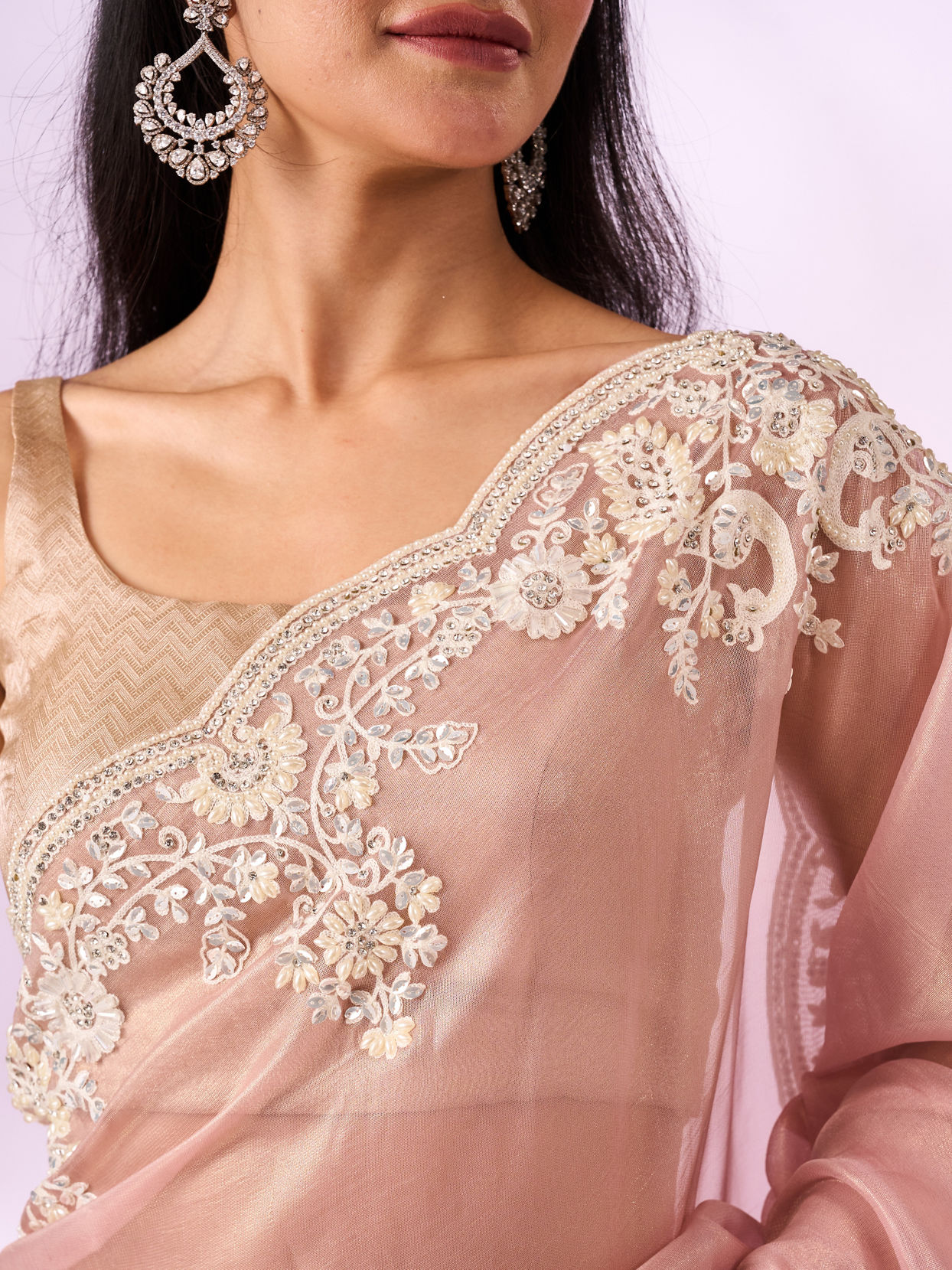 Mohey Women Light Pink Organza Saree with Embroidery