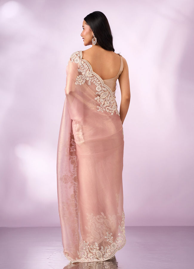 Mohey Women Light Pink Organza Saree with Embroidery