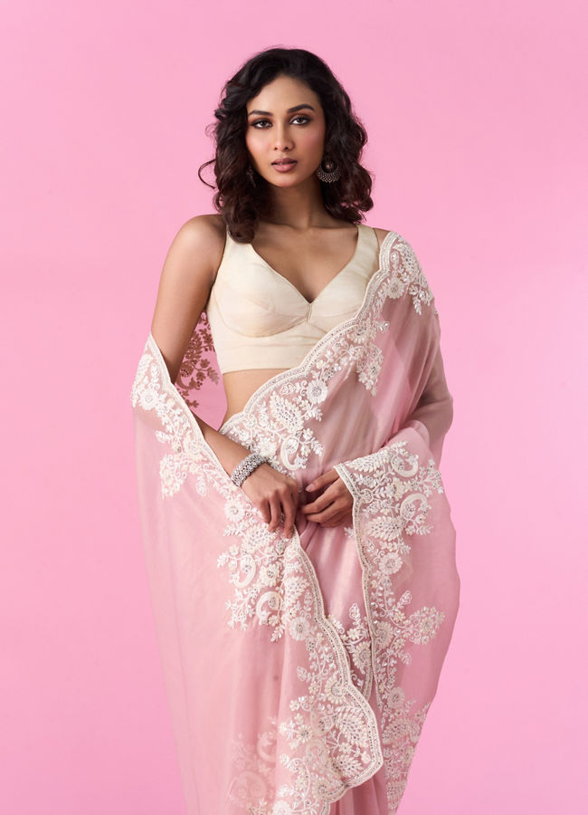Mohey Women Dusty Pink Enchantress Organza Saree