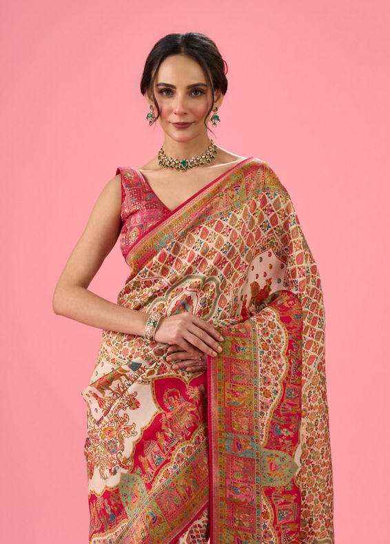 Mohey Women Elegant Cream Brilliance Banarasi Saree