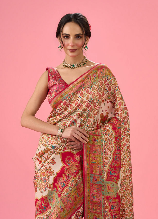Mohey Women Elegant Cream Brilliance Banarasi Saree