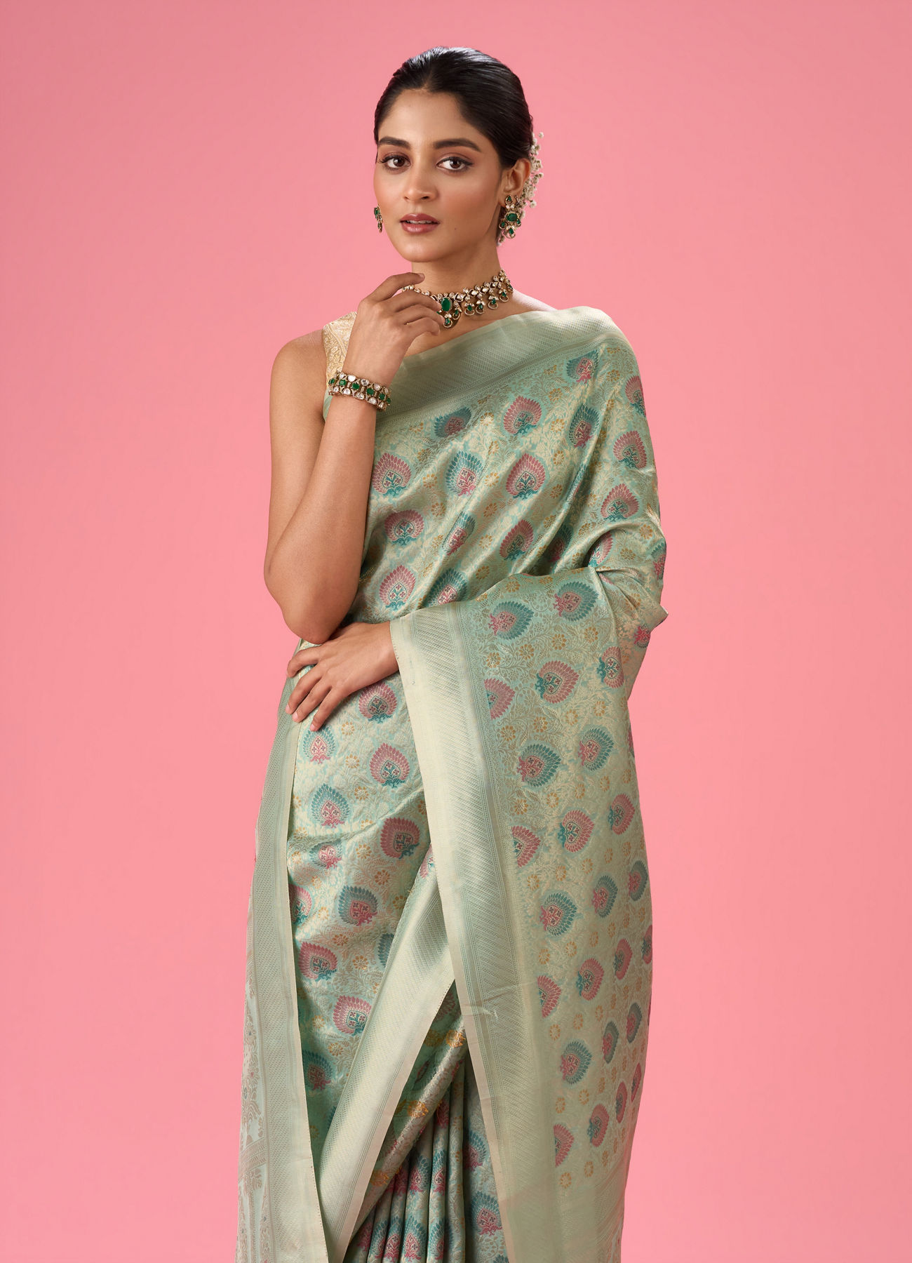 Mohey Women Sea Green Elegance Banarasi Saree