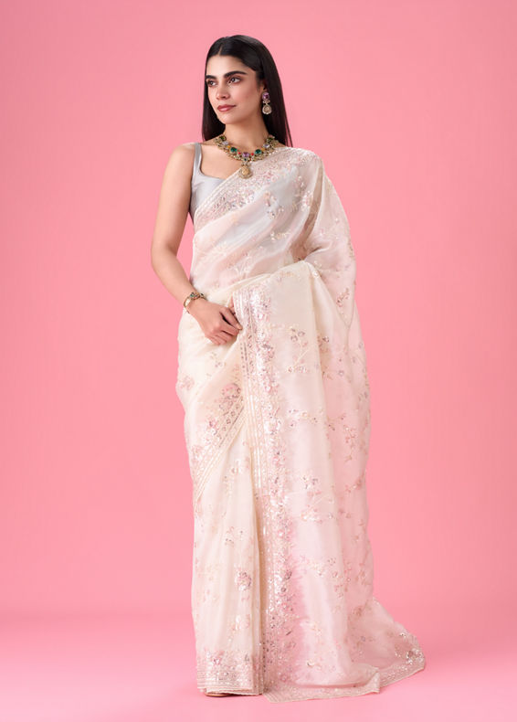 Mohey Women Cream Elegance Organza Saree