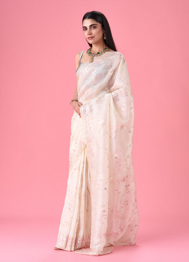 Mohey Women Cream Elegance Organza Saree