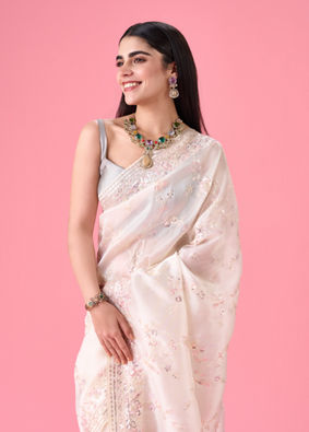 Mohey Women Cream Elegance Organza Saree