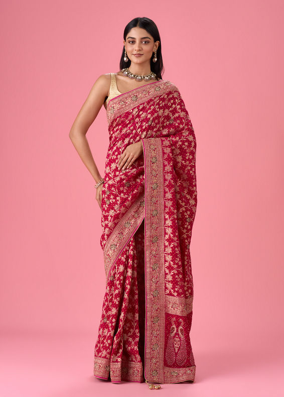 Mohey Women Ravishing Pink Georgette Bridal Saree