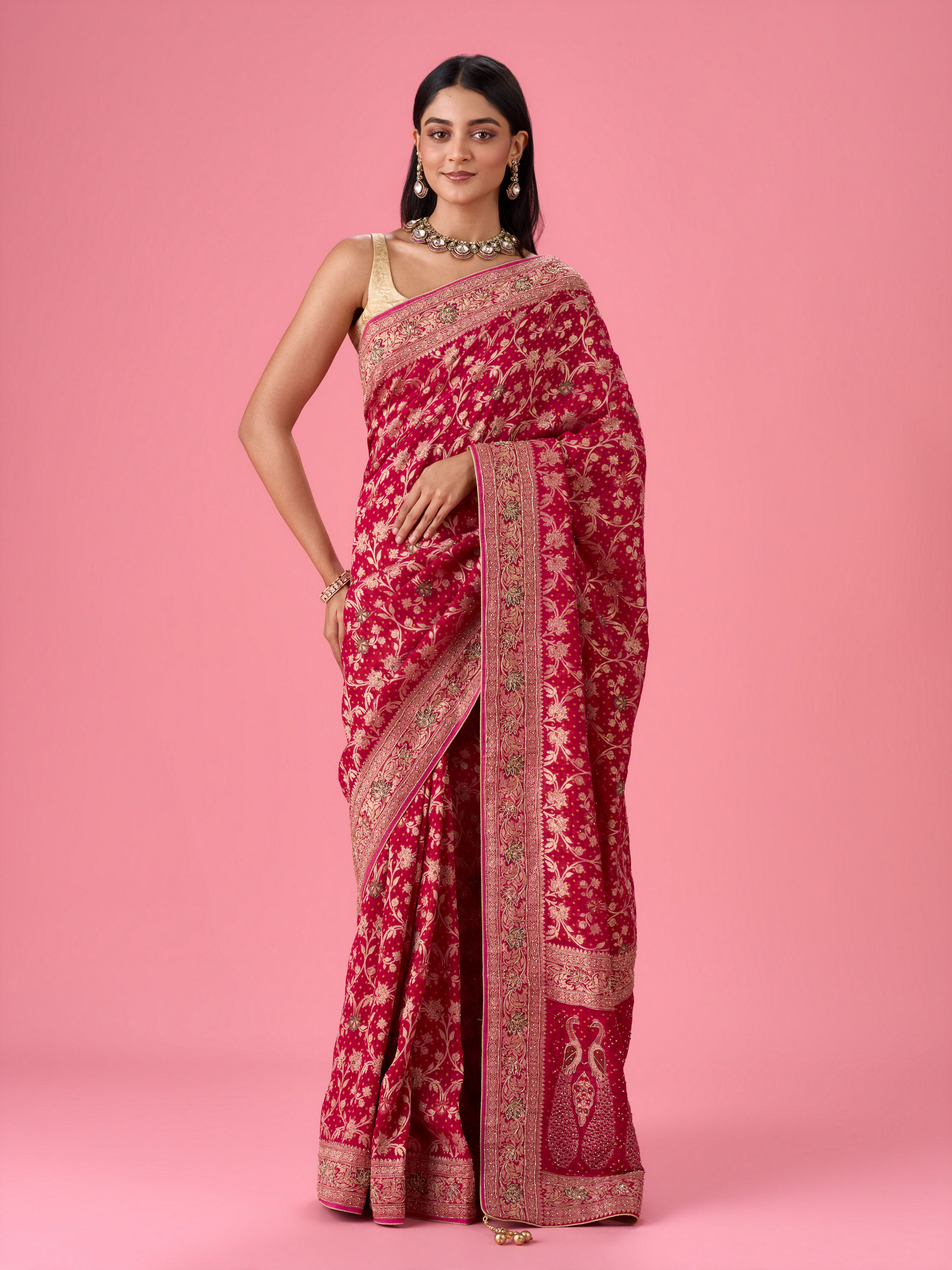 Mohey Women Ravishing Pink Georgette Bridal Saree