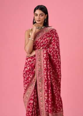 Mohey Women Ravishing Pink Georgette Bridal Saree