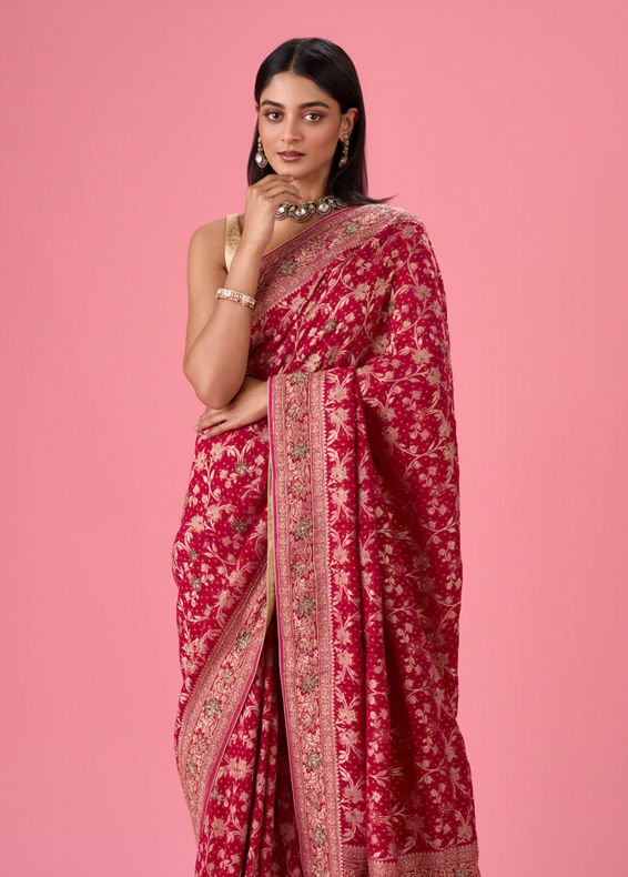 Mohey Women Ravishing Pink Georgette Bridal Saree