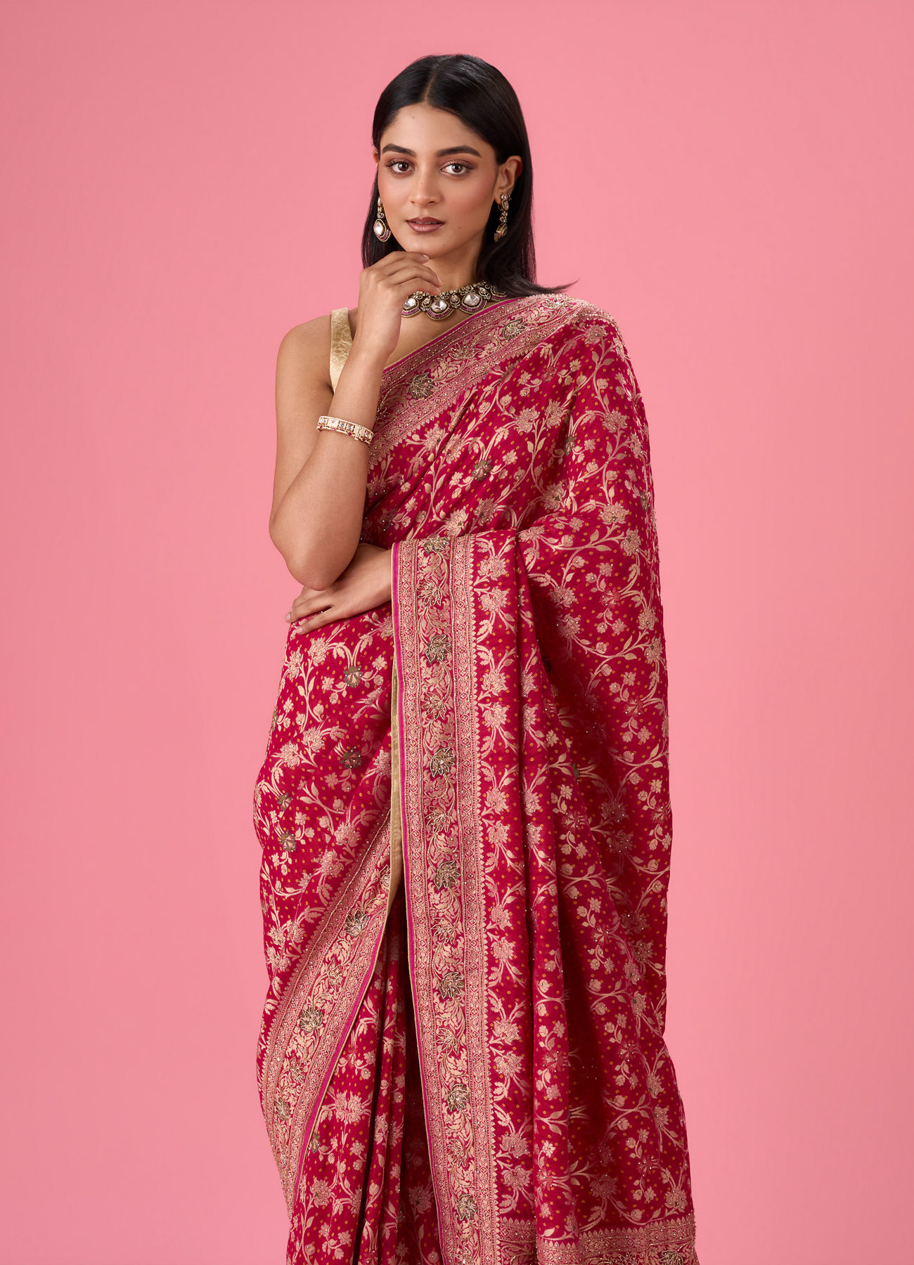 Mohey Women Ravishing Pink Georgette Bridal Saree