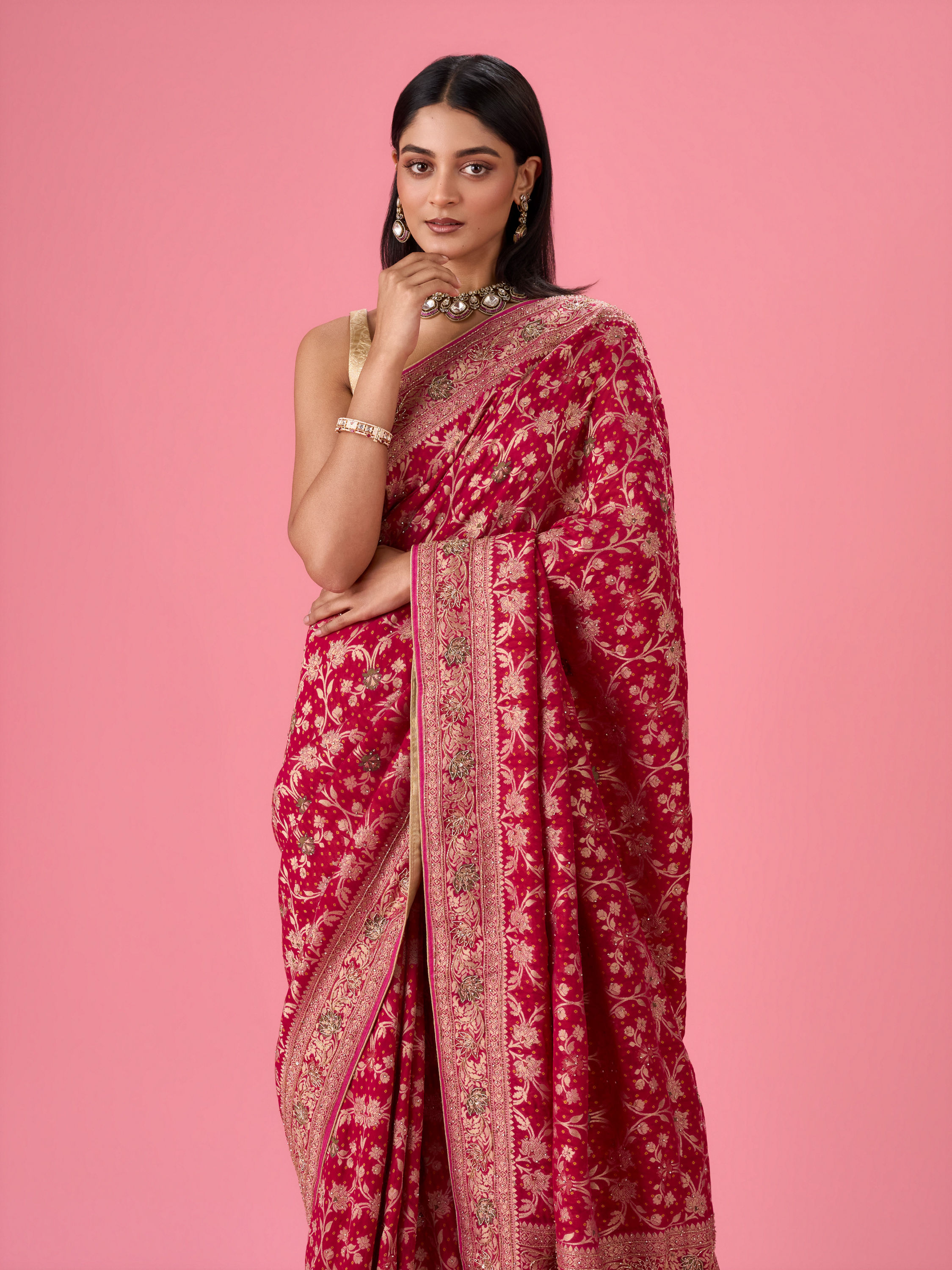 Mohey Women Ravishing Pink Georgette Bridal Saree