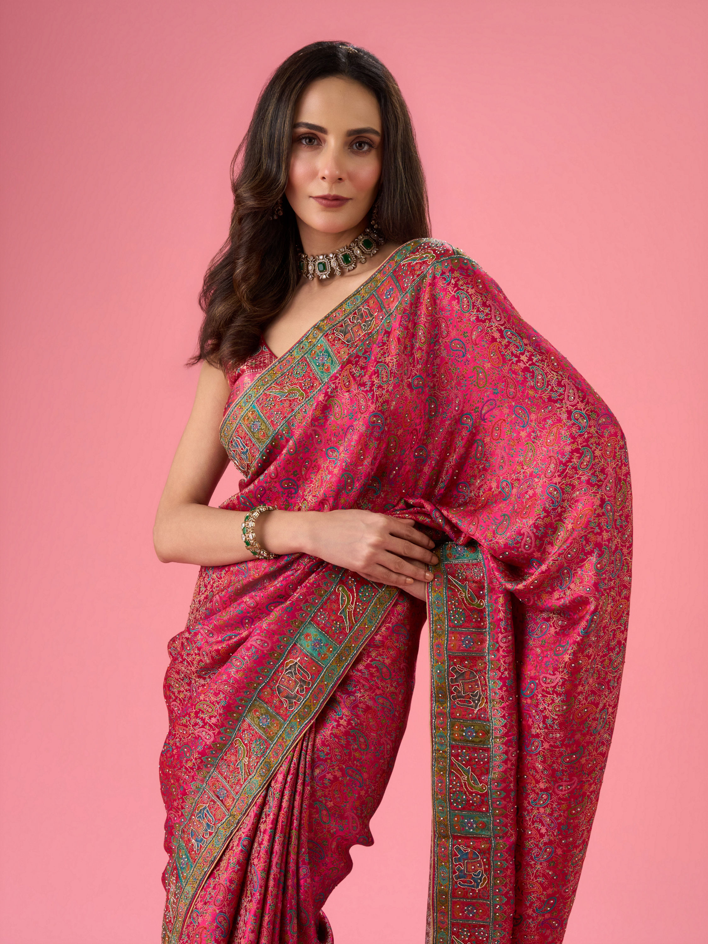 Mohey Women Artistic Pink Saree