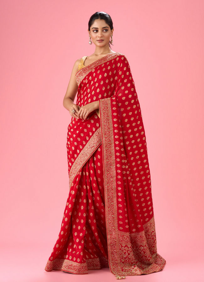 Mohey Women Ravishing Red Georgette Bridal Saree