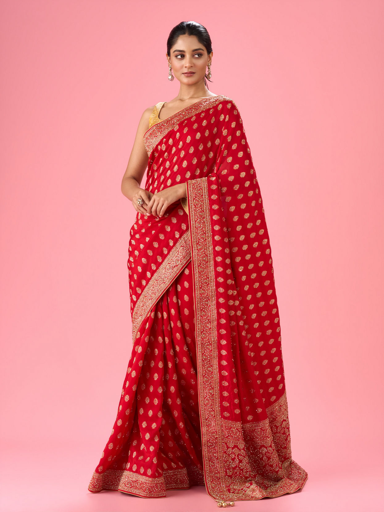 Mohey Women Ravishing Red Georgette Bridal Saree