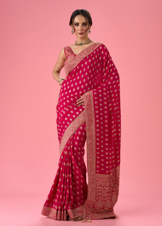 Mohey Women Lush Georgette Rani Pink Saree
