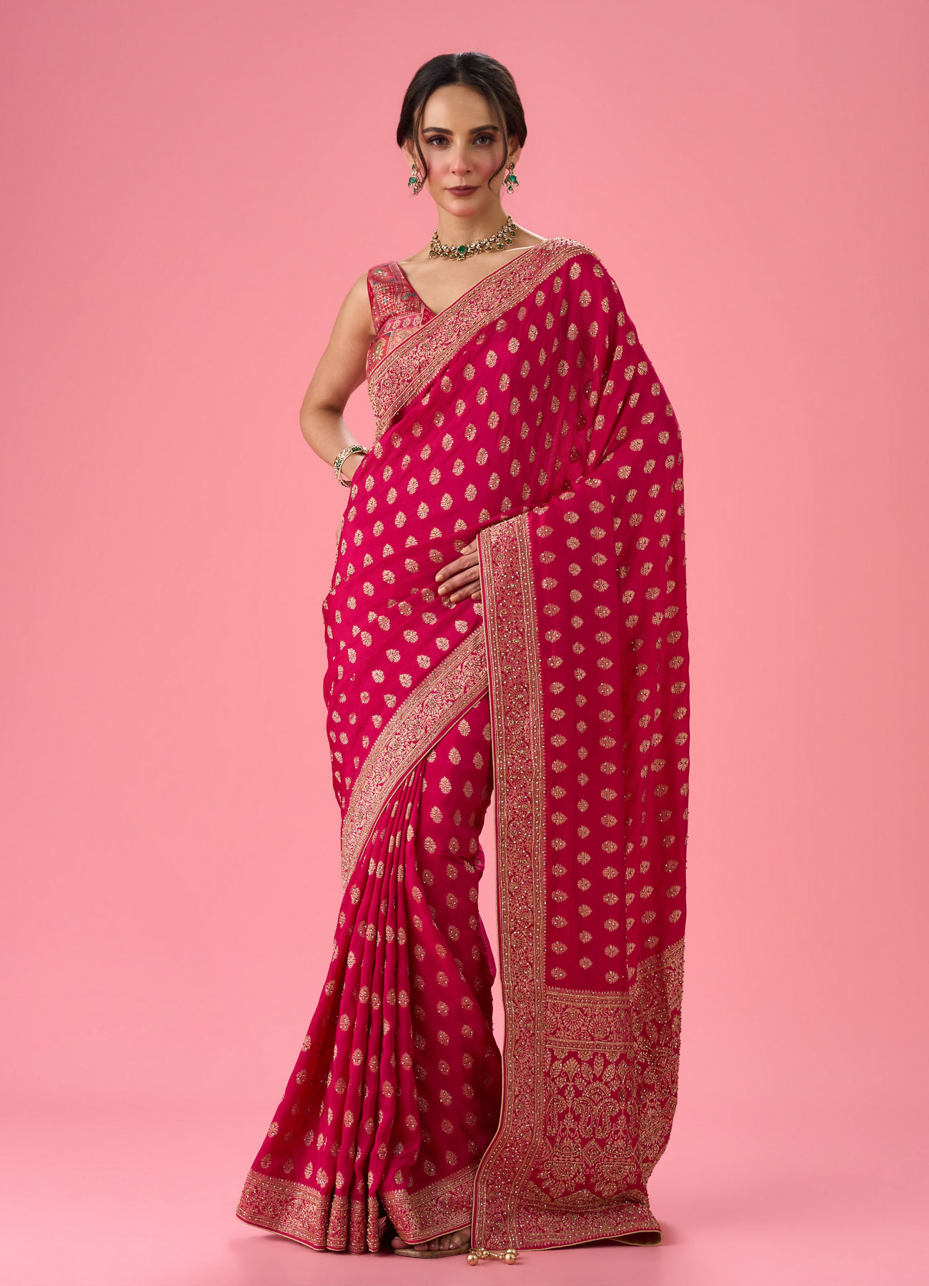 Mohey Women Lush Georgette Rani Pink Saree