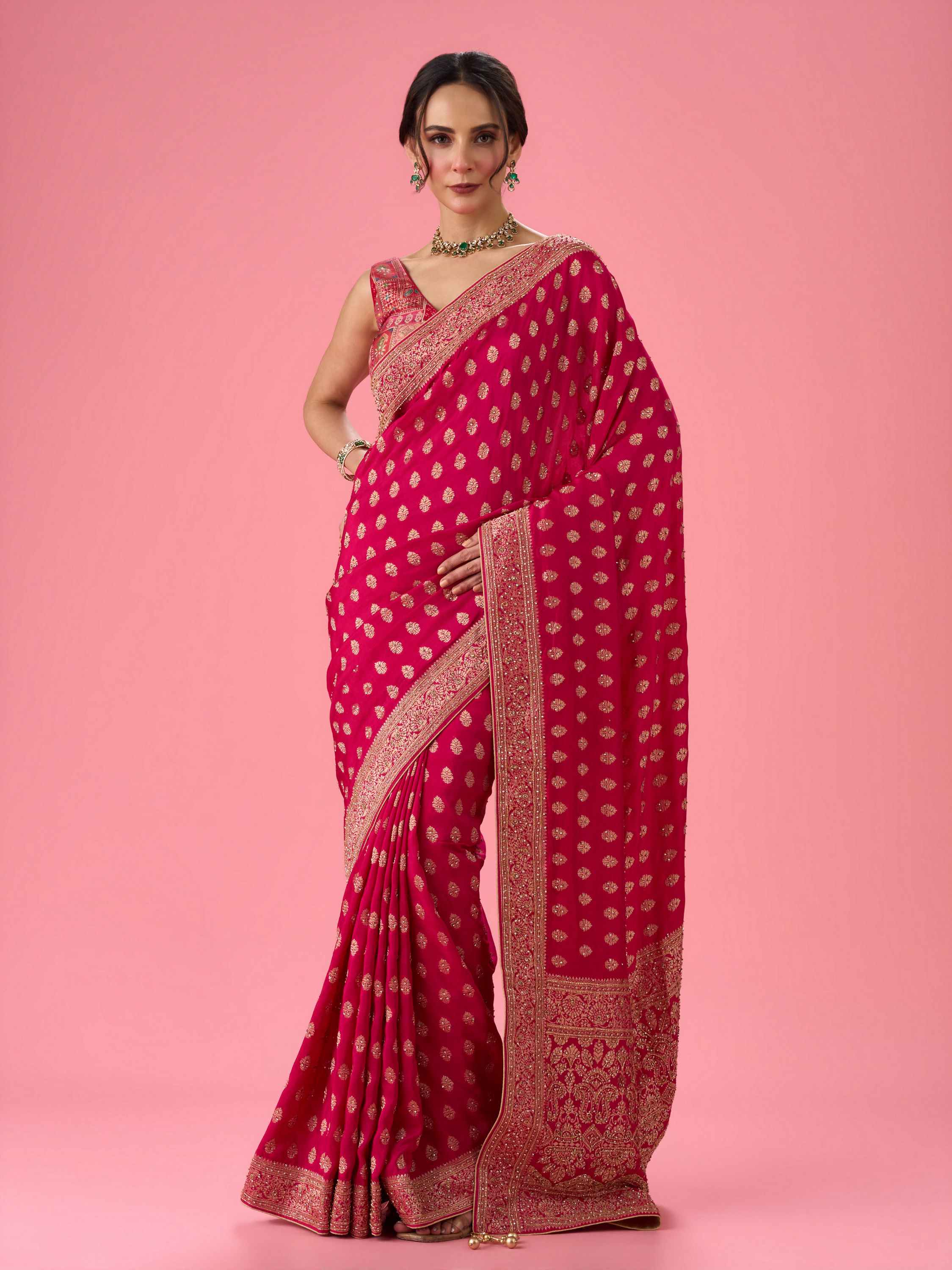 Mohey Women Lush Georgette Rani Pink Saree