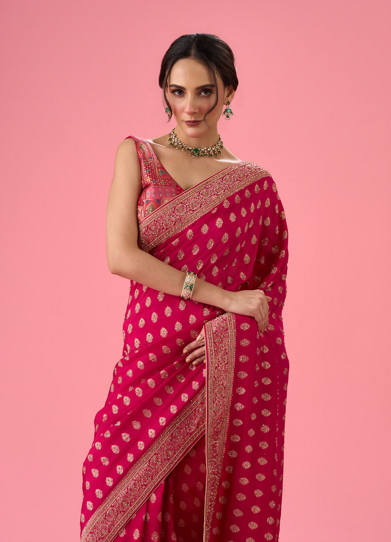 Mohey Women Lush Georgette Rani Pink Saree