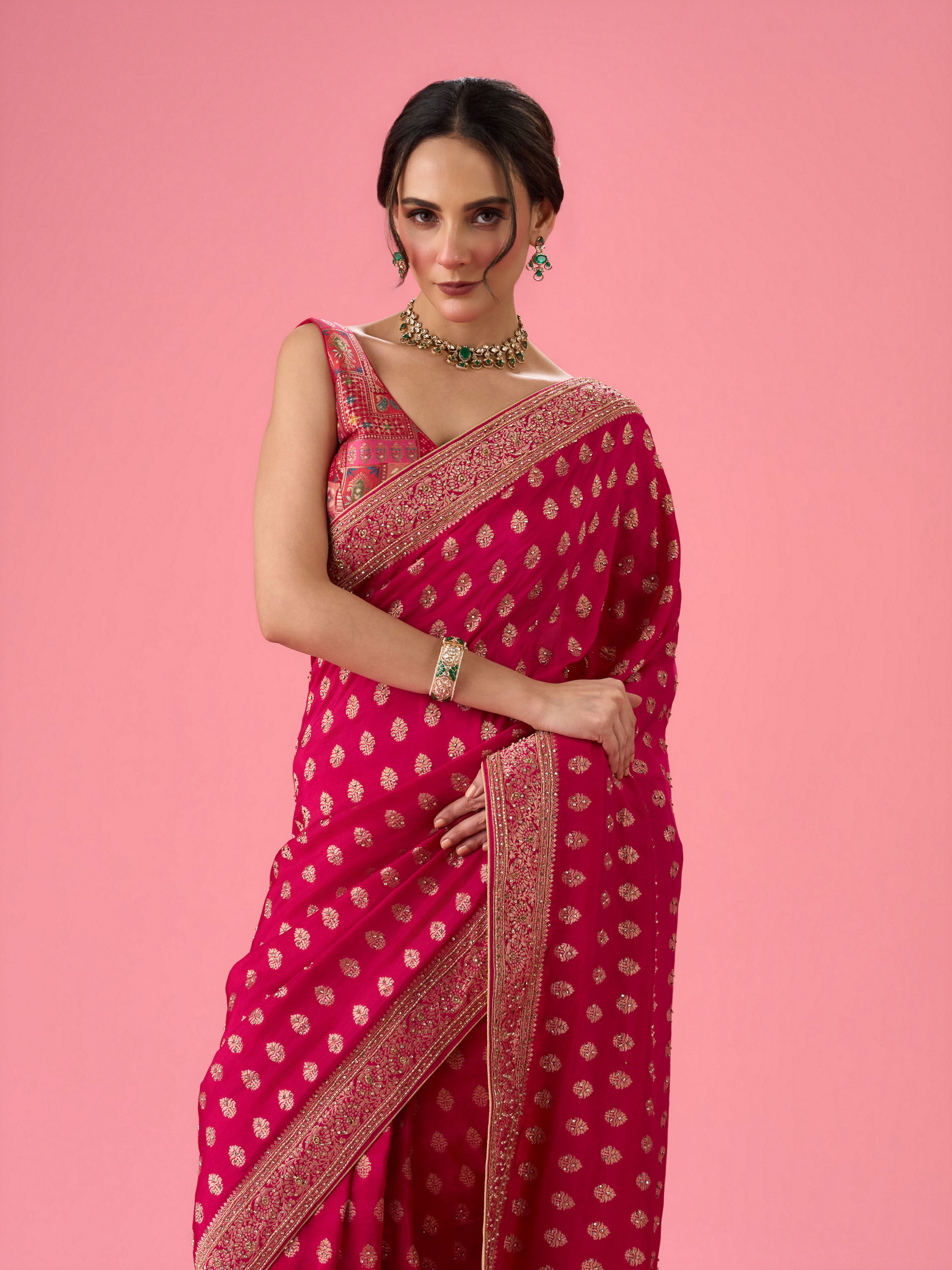 Mohey Women Lush Georgette Rani Pink Saree