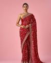 Mohey Women Red Organza Saree with Stone and Thread Work
