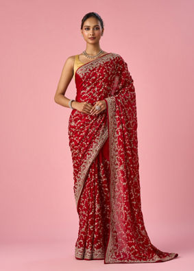 Mohey Women Red Organza Saree with Stone and Thread Work