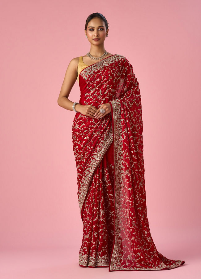 Mohey Women Red Organza Saree with Stone and Thread Work