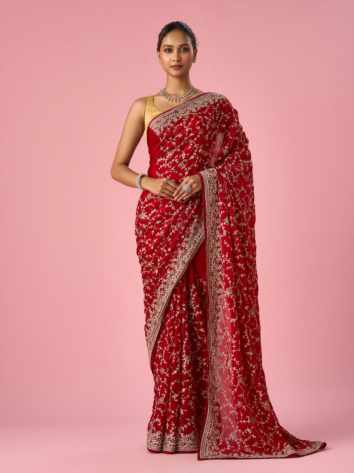 Mohey Women Red Organza Saree with Stone and Thread Work