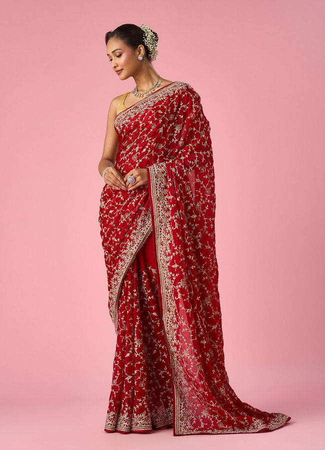 Mohey Women Red Organza Saree with Stone and Thread Work
