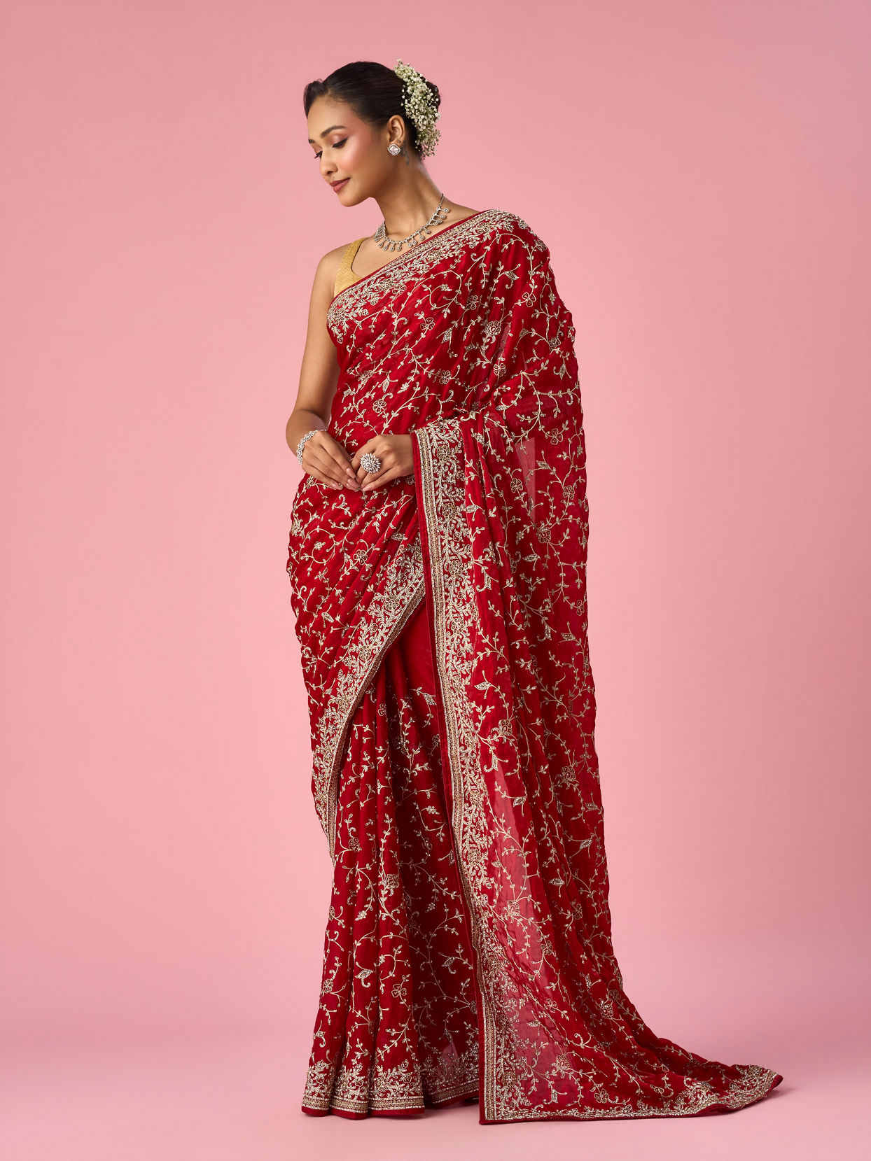 Mohey Women Red Organza Saree with Stone and Thread Work