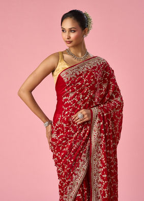 Mohey Women Red Organza Saree with Stone and Thread Work